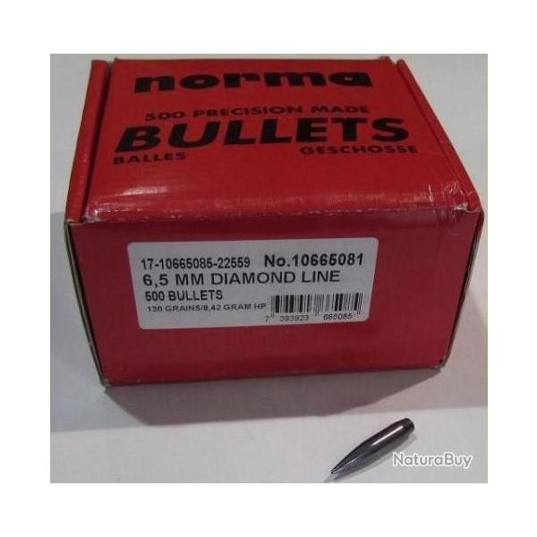 sachet 100 ogives Norma , cal 6,5mm (264) , 130 grains, Diamond line HP molycot�