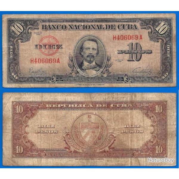 Cuba 10 Pesos 1949 Billet Cespedes Caraibe Peso