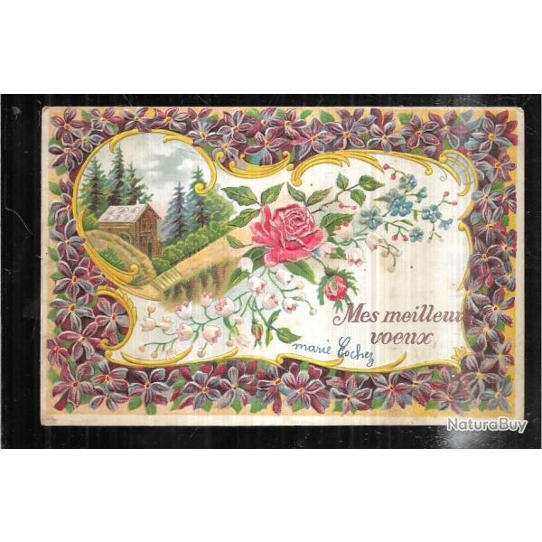 mes meilleurs voeux , chalet-moulin, rose  carte postale ancienne