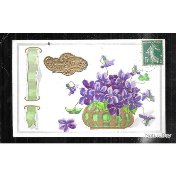 bonne ann�e pot de violette carte postale ancienne