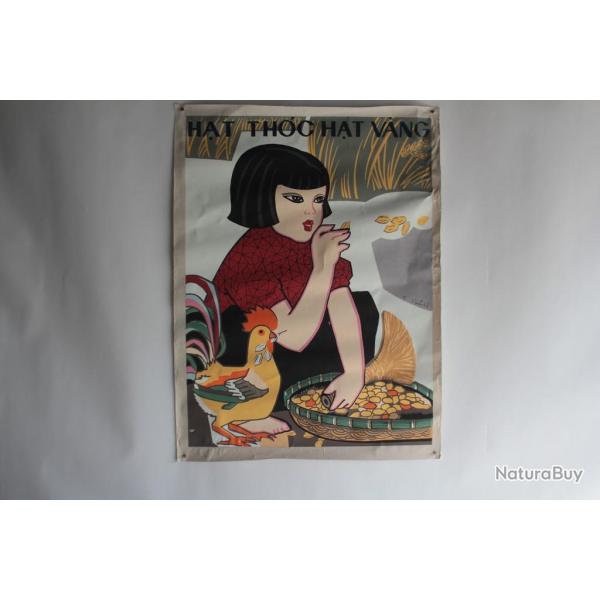 Affiche gouache propagande guerre Vietnam lutte contre la faim