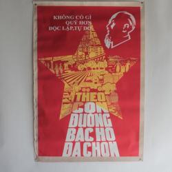 Affiche gouache propagande guerre Vietnam Ind&eacute;pendance Oncle Ho