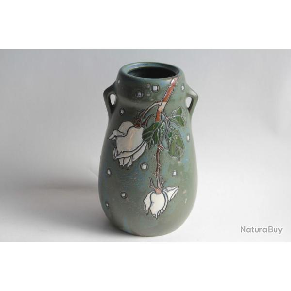 Ancien Vase c�ramique �maill�e Fleurs Autriche