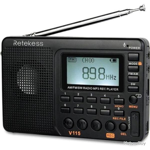 Retekess V115 Radio AM FM Portable Transistor TF Card, Lecteur MP3 Enregistreur