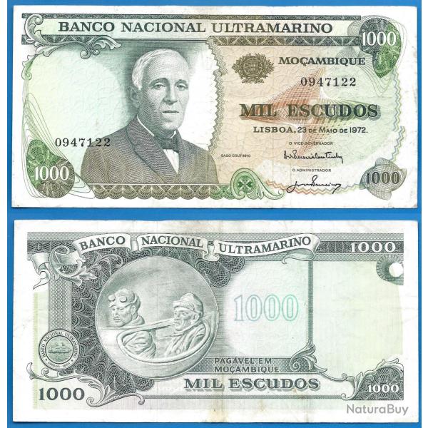 Mozambique 1000 Escudos 1972 Billet Ultramarine Colonie Portugal Coutinho Rare Sans Surcharge