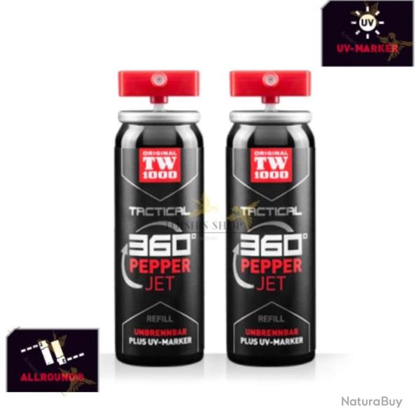 Lot 2 recharges pour bombe lacrymog�ne professionnelle 45ml JET POIVRE OC 360� marqueur UV - TW1000