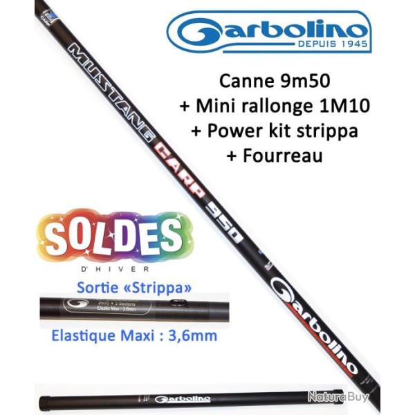 PACK COUP CARPE GARBOLINO MUSTANG CARP 9M50 + MINI RALLONGE + POWER KIT +FOURREAU Canne livr�e monta