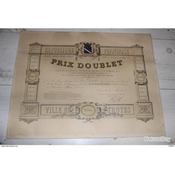 VILLE DE TROYES DIPL�ME PRIX DOUBLET 1883