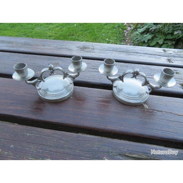 VINTAGE - Ancienne paire de cand�labre en �tain - PEWTER B M - Norv�ge (Vers 1950-60)