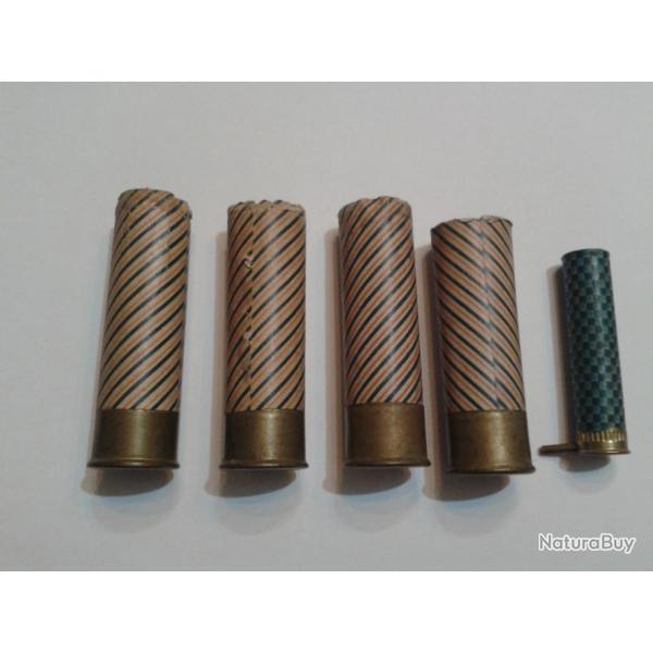 4 Douilles cal 16 Tricolores Manufrance + 1 Douille cal 12 mm Marcel Gaupillat
