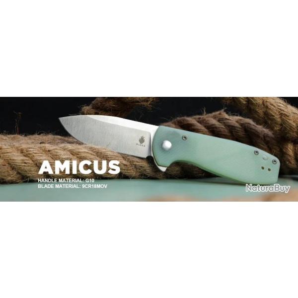 Couteau Kizer Amicus Jade Manche G10 Lame Acier 9Cr18MoV Satin IKBS Button Lock Clip KIL3002A2