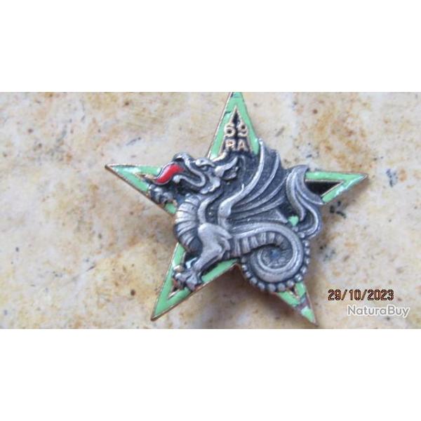 insigne 69 Rgiment d'Artillerie, toile type 1, vert clair, clat d'mail Indochine Extrme orient