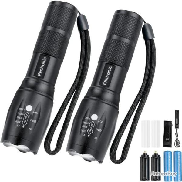 Lot de 2 Lampes Torche LED 3500 Lumens Longue Porte tanche IPX6 Chargeur USB et Holster 5 Modes