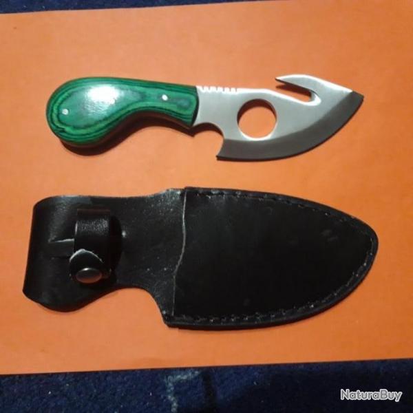 Beau Poignard Guthook Skinner Manche en Bois Vert avec Etui en Cuir