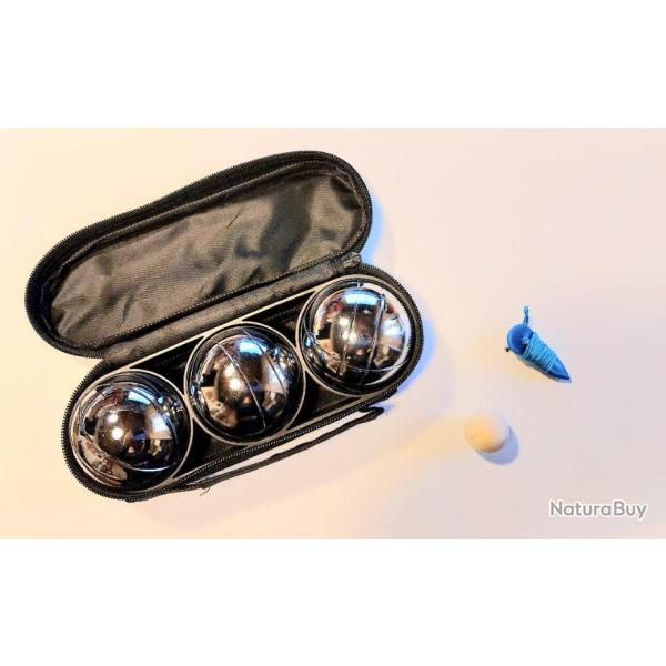 P�TANQUE - KIT DE 3 BOULES NEUVES AVEC SACOCHE DE TRANSPORT + COCHONNET + MESUREUR