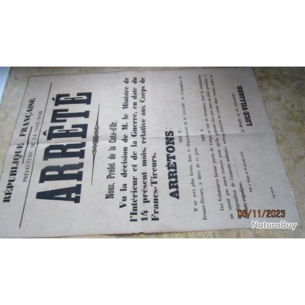 affiche France Prusse 1871 guerre Franco Prussienne dissolution des Francs-Tireurs Dijon C�te d'Or