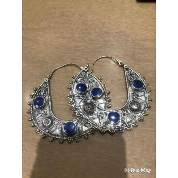 boucles oreilles Afghanistan pierres lapis lazuli sur argent cisel�