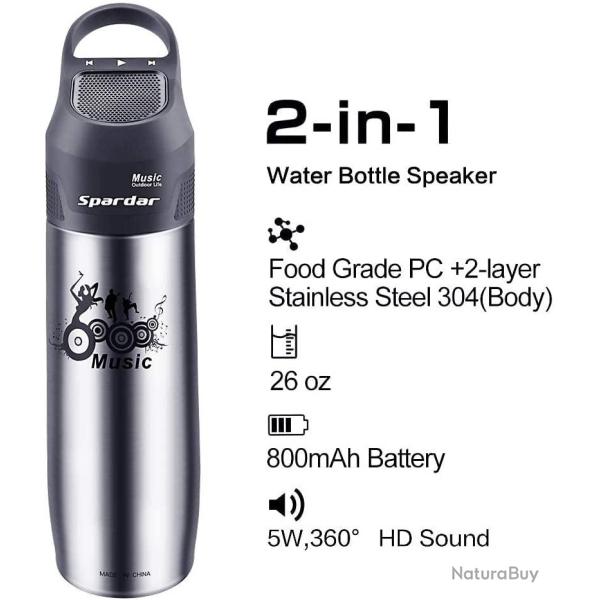 Thermos Isotherme Voyage Acier Inox 750ml Enceinte Portable Bluetooth Integree GRIS