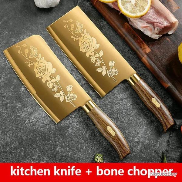 Couteaux de Chef Pro Cuisine Lame Inox Titane Or-2pcs