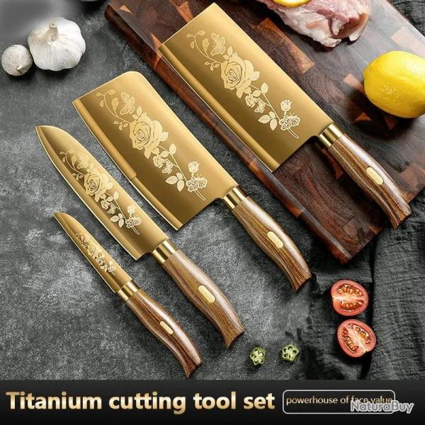 Couteaux de Chef Pro Cuisine Lame Inox Titane Or-4pcs