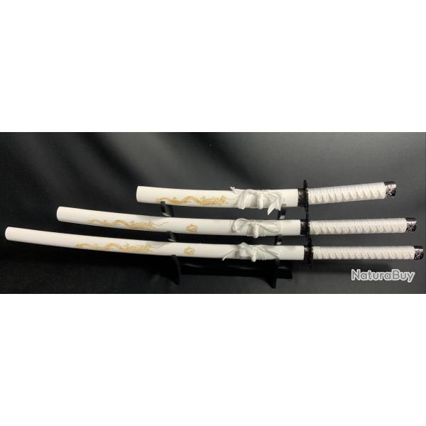 Set 3 Lames White Dragon - "Katana-Wakizashi-Tanto" support inclus