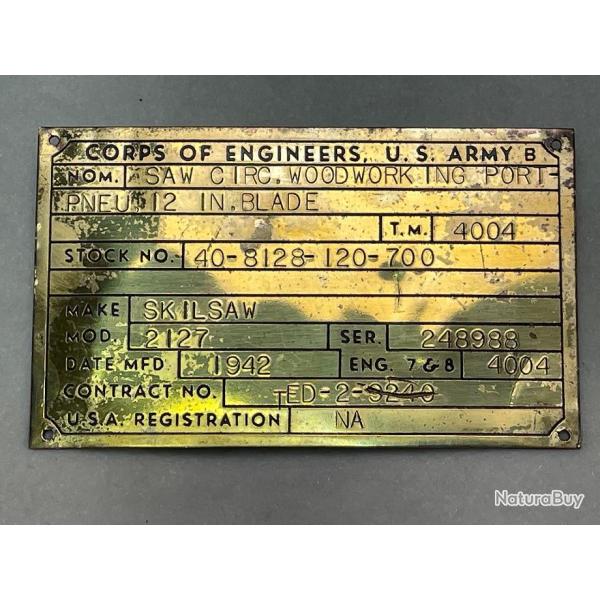 PLAQUE D IDENTIFICATION MILITAIRE DE V�HICULE  LOURD  ARM�E U S  1942  WW2