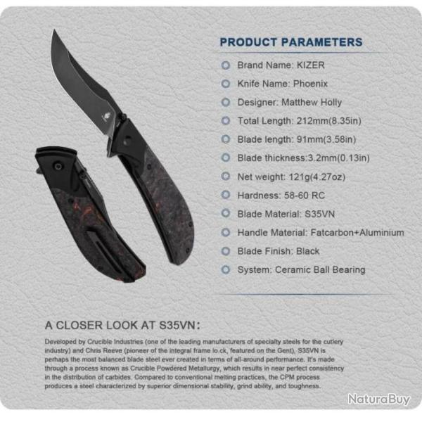 Couteau Kizer Cutlery Phoenix FatCarbon Lame Acier S35VN Blackwash IKBS Linerlock Clip KI4647A1