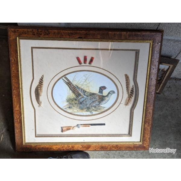 Grand tableau sous-verre faisan faisane chasse fusil cartouche hyper d�coratif id�al cadeau