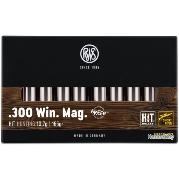 1 BOITE DE 20 BALLES RWS CALIBRE 300 WIN MAG hit green short rifle 165GR
