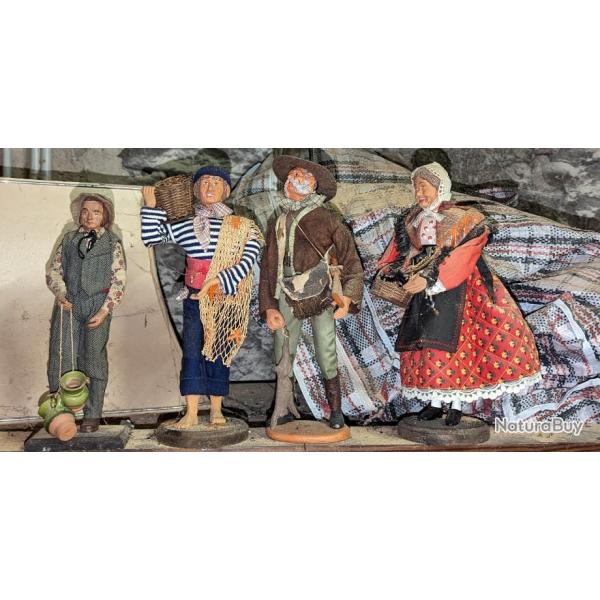 Lot de 4 santons, chasseur pcheur provenal pot Anduze Jouglas Giraud