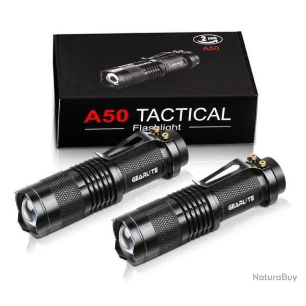 Lampes Torche Lot de 2 LED 300 Lumens avec Clip 3 Modes tanche Zoom 3 Modes Camping Randonne