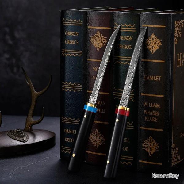 Petit Couteau Damas 67 Couches Etui Ebene-Bleu + Rouge