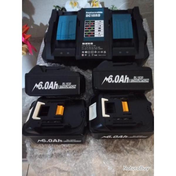 Lot un double chargeur 6A et 4 batteries 18V 6000mHa pour machine makita 18V LXT NEUF