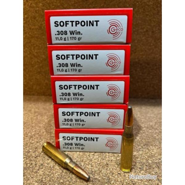 LOT DE 5 BOITES DE 20 BALLES GECO DEMI BLINDEE 308 WIN 11 GR