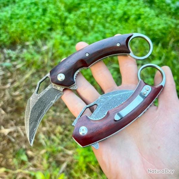 Couteau pliant Karambit acier damas griffe combat tactique custom ring knife