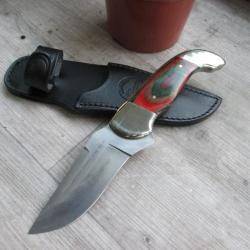 Couteau droit lame fixe FALCON avec ETUI cuir plaquette bois (a)
