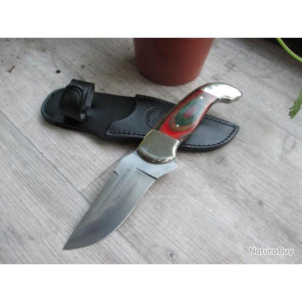 Couteau droit lame fixe FALCON avec ETUI cuir plaquette bois (a)