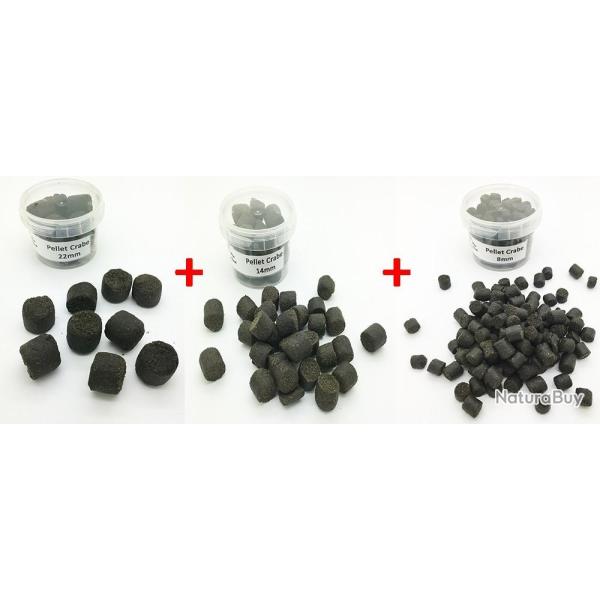 Lot de 3 pots de pellet de pche Crabe 8mm - 14mm - 22mm