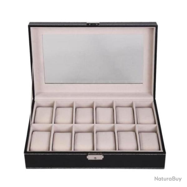 Bo�te Montres Pr�sentoir pour 12 Montres en Cuir PU Fen�tre Transparente