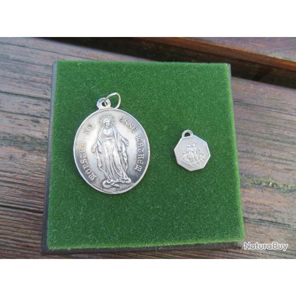 VINTAGE - Lot de 2 anciennes m�daille religieuse fran�aise en argent poin�onn�-D�but XX� (Vers 1920)