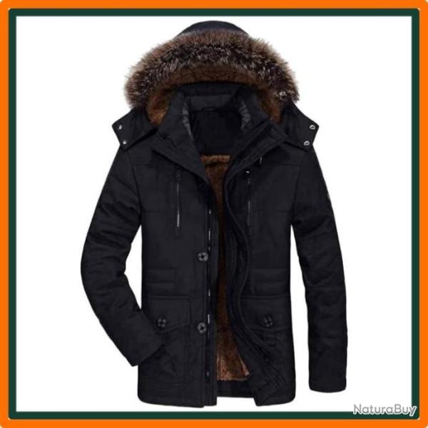 Parka noir � capuche fourrure pour homme - Veste chaude S � XXXL - NOIR