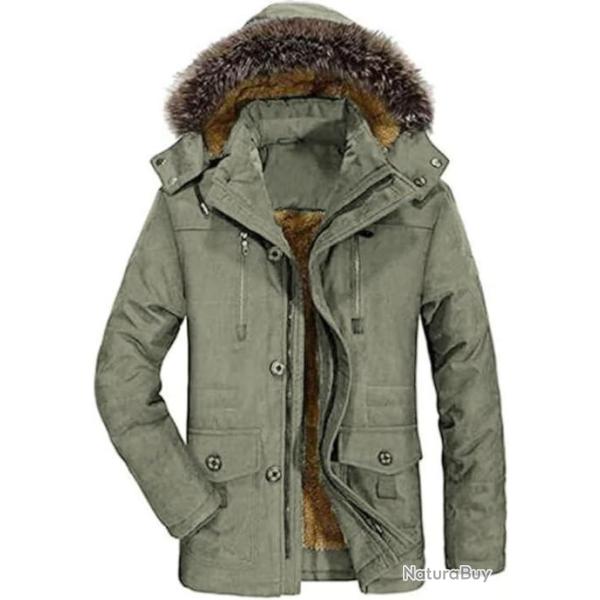 Parka noir avec capuche fourrure pour homme - Veste chaude S � XXXL - Vert arm�e