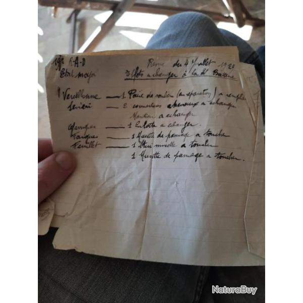 Documents militaires du 19 e RAD de 1929. Effets a changer a la 2 m�me.batterie