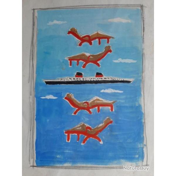 Etude a l.aquarelle originale pour le paquebot France par Guy georget