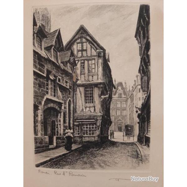 Lithographie ancienne originale sign�e repr�sentant la rue saint romain � rouen