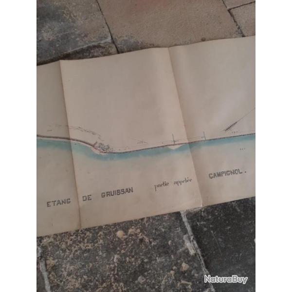 Plan peint � la main des �tangs de gruissan. Vers 1900