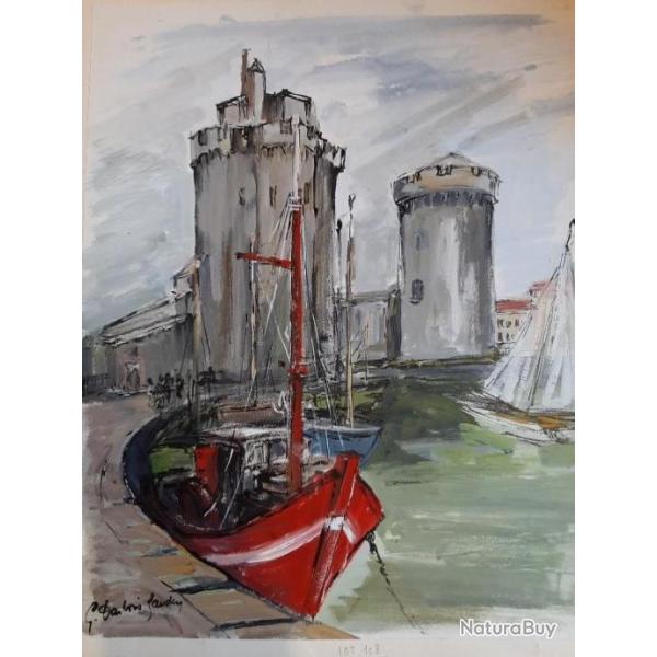 Grande gouache originale sur papier sign�e. Le port de la rochelle