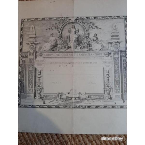 Dipl�me pour m�daille compagnie g�n�rale transatlantique