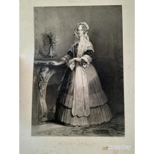 Grande gravure ancienne reprsentant la reine marie Amlie. Chateau d eu.