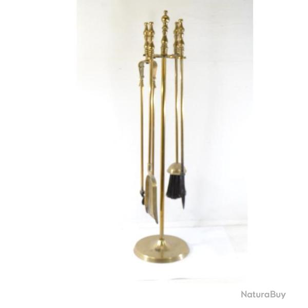 Lot d'outils de chemin�e / tisonnier serviteur de chemin�e 4 pi�ces laiton massif vintage 1960 d�co